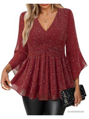 Glitter Sequin 3/4 Bell Sleeve V-Neck Blouse Party Evening Top